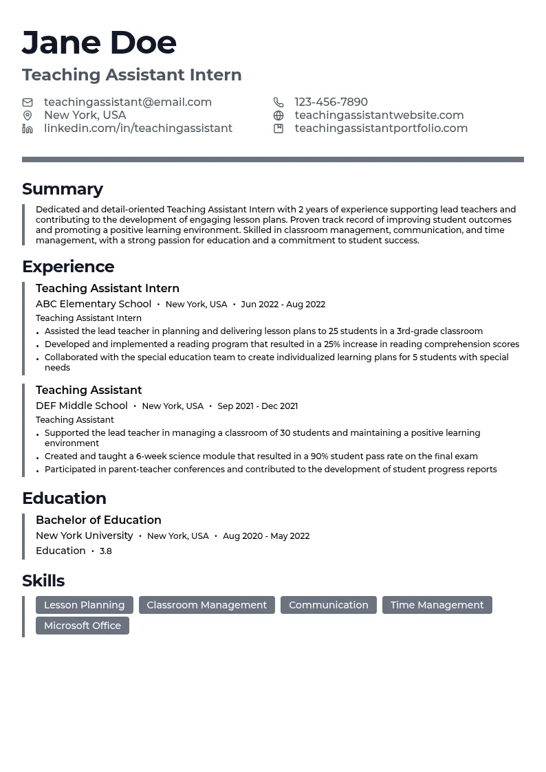Teaching Assistant Intern resume example