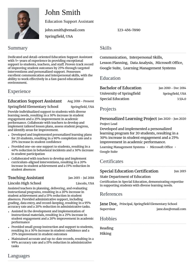 Education Support Assistant resume example