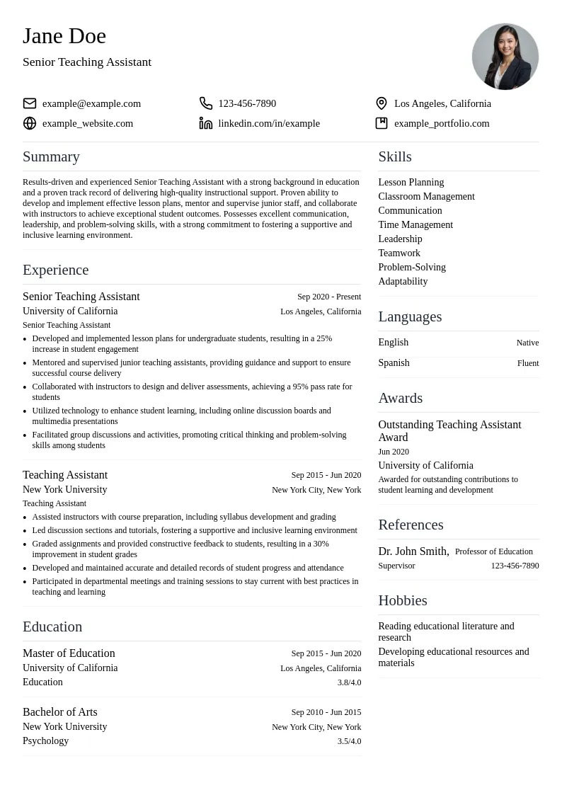Senior Teaching Assistant resume example