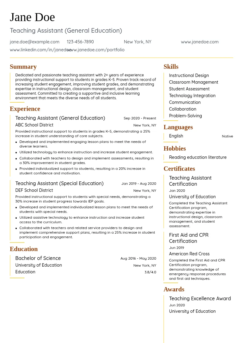 Teaching Assistant (General Education) resume example