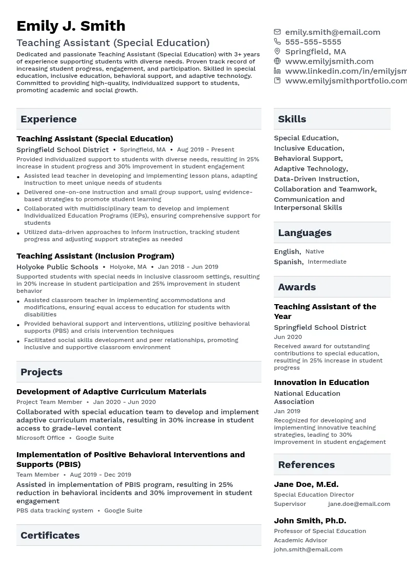 Teaching Assistant (Special Education) resume example