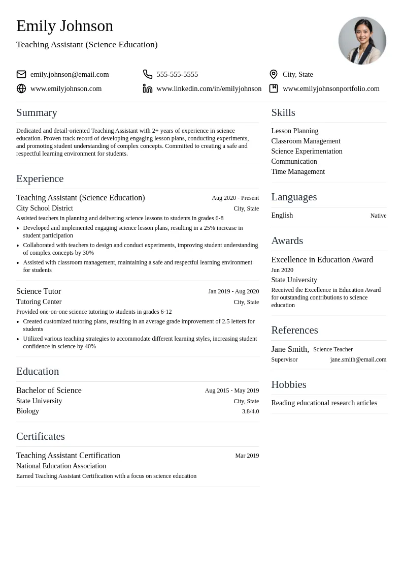 Teaching Assistant (Science Education) resume example