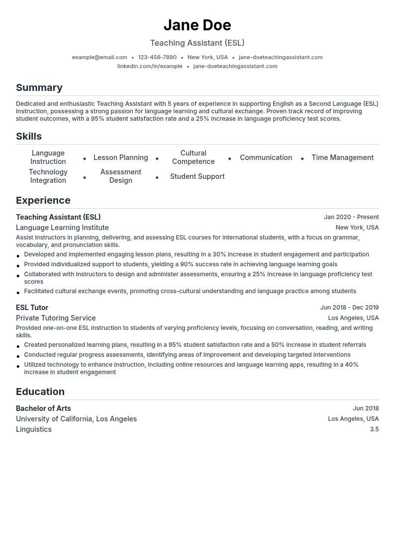 Teaching Assistant (English as a Second Language) resume example