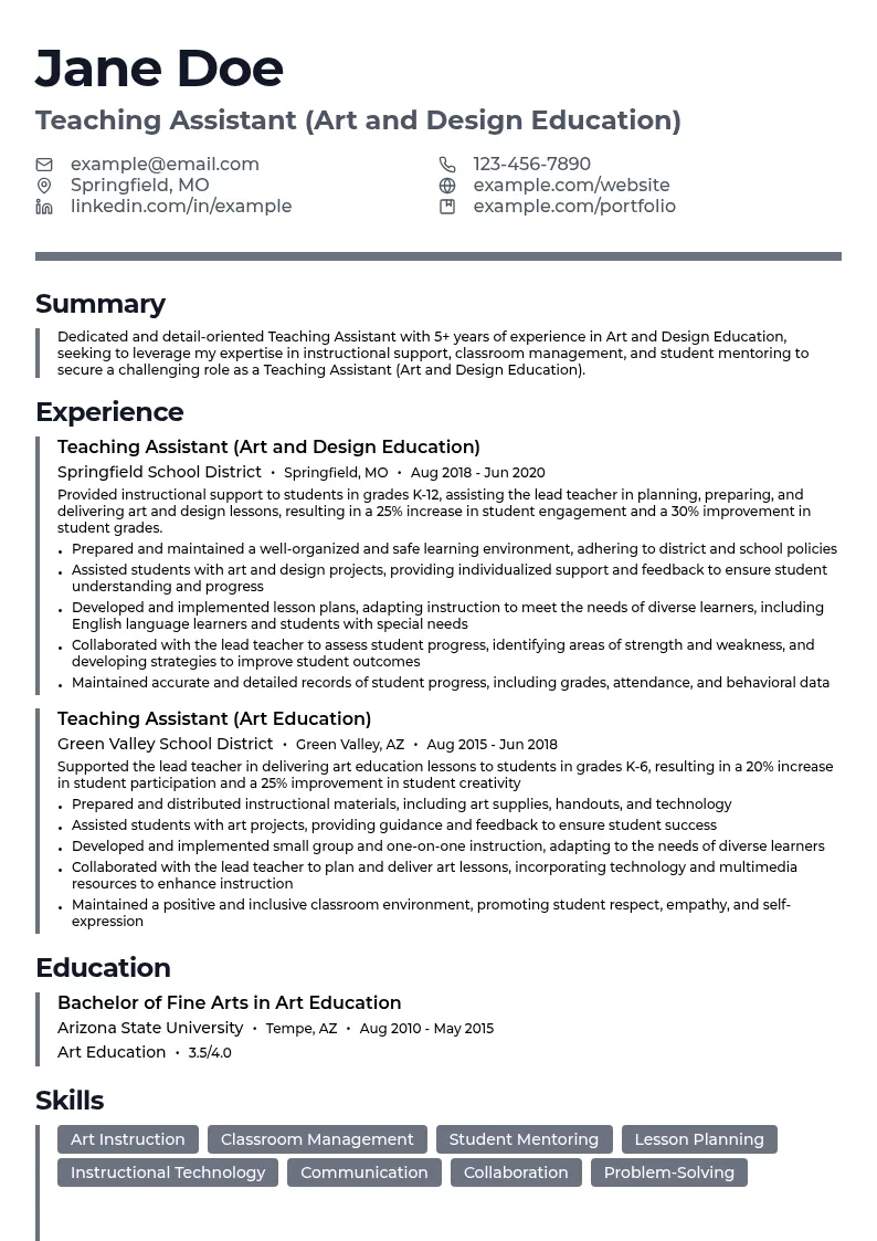 Teaching Assistant (Art and Design Education) resume example
