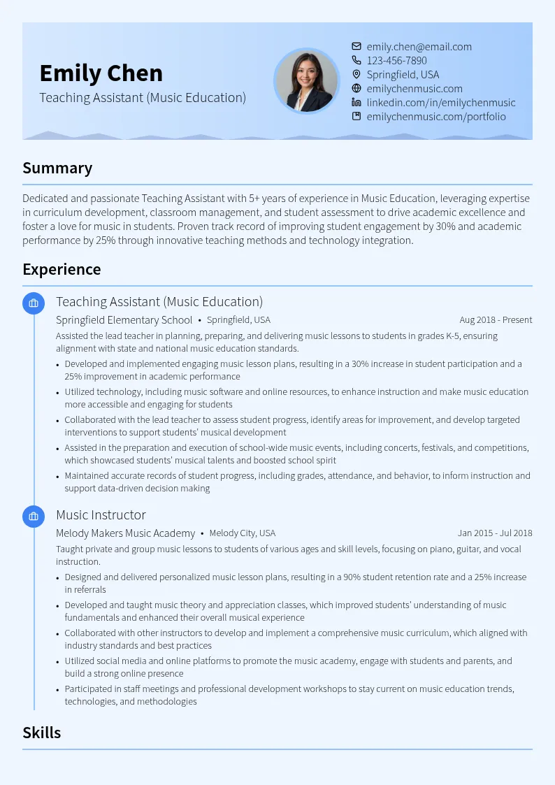 Teaching Assistant (Music Education) resume example