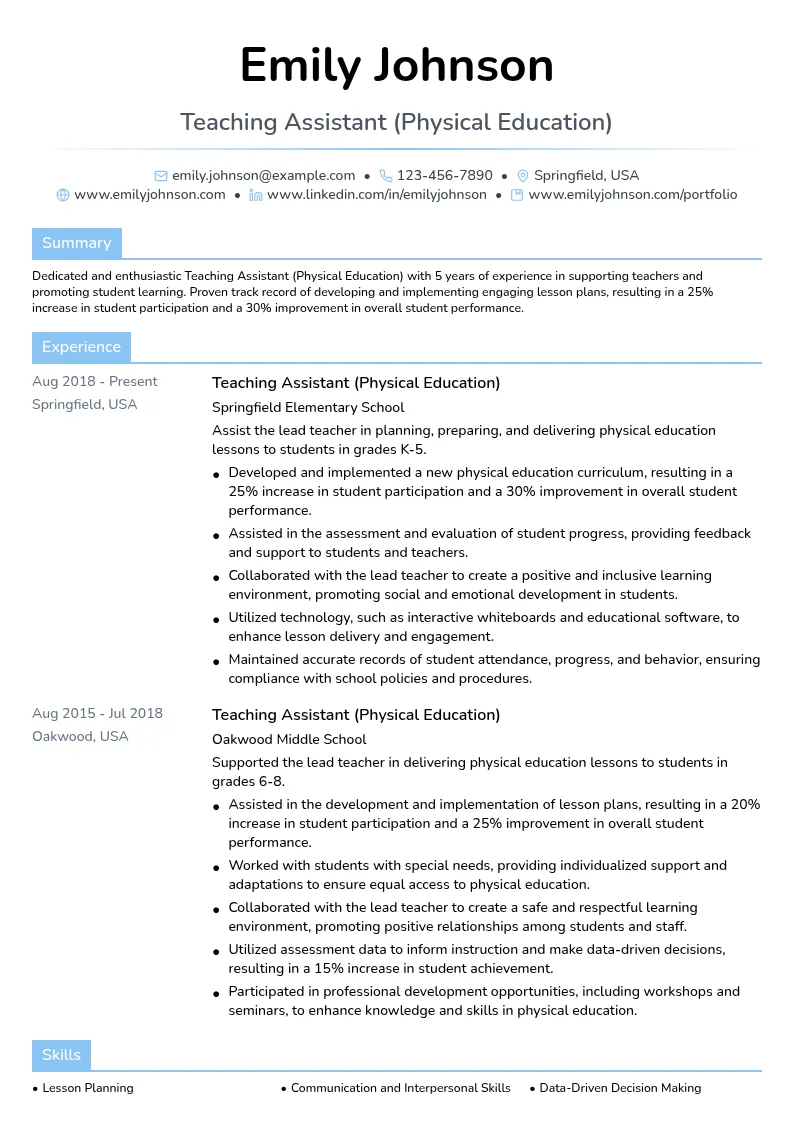 Teaching Assistant (Physical Education) resume example