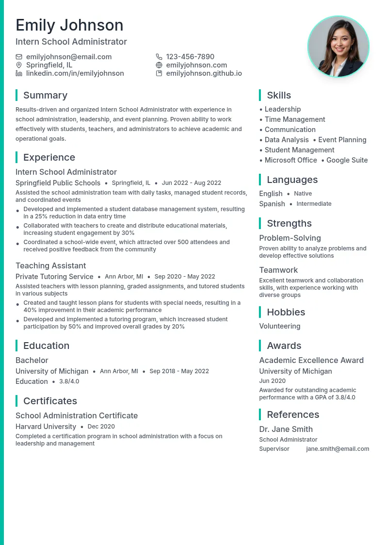Intern School Administrator resume example