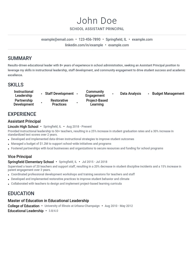 School Assistant Principal resume example