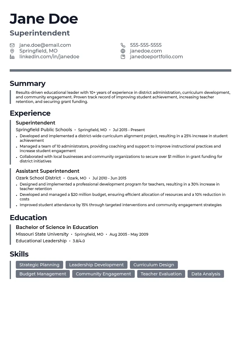 Superintendent resume example