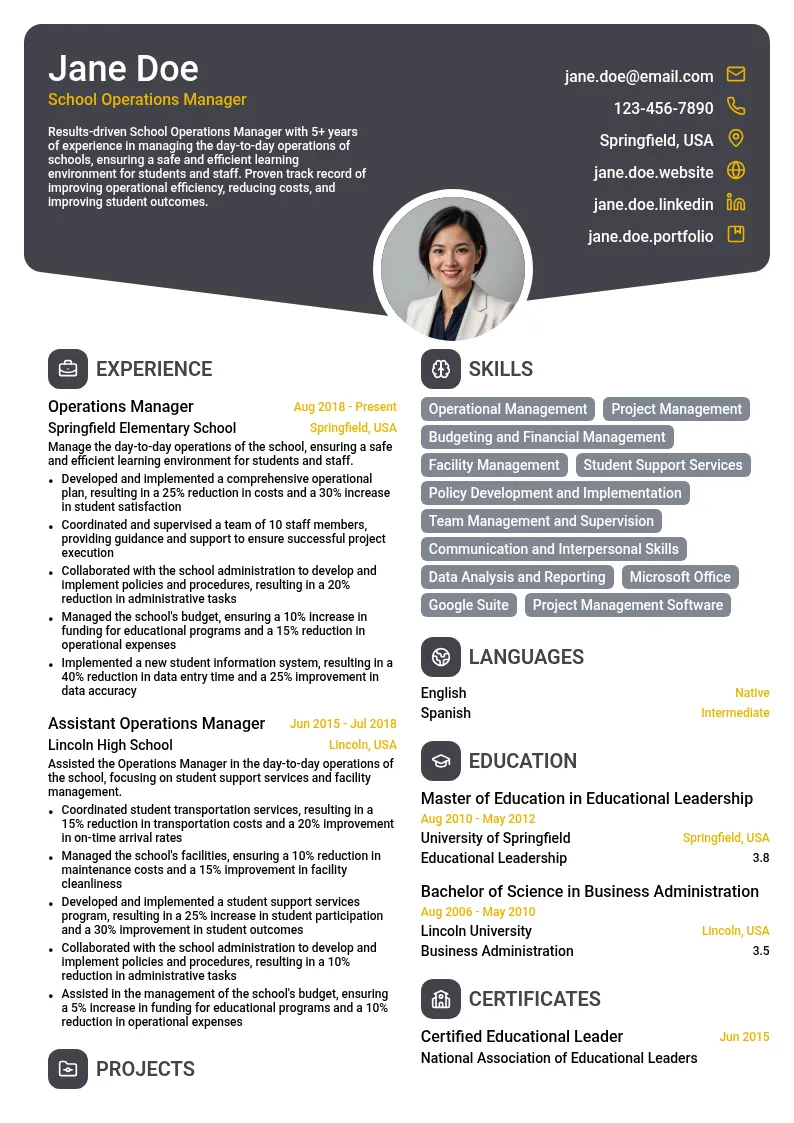 School Operations Manager resume example