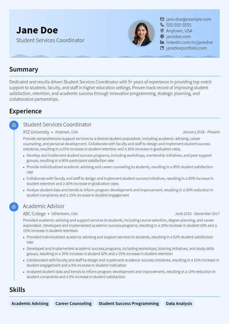 Student Services Coordinator resume example