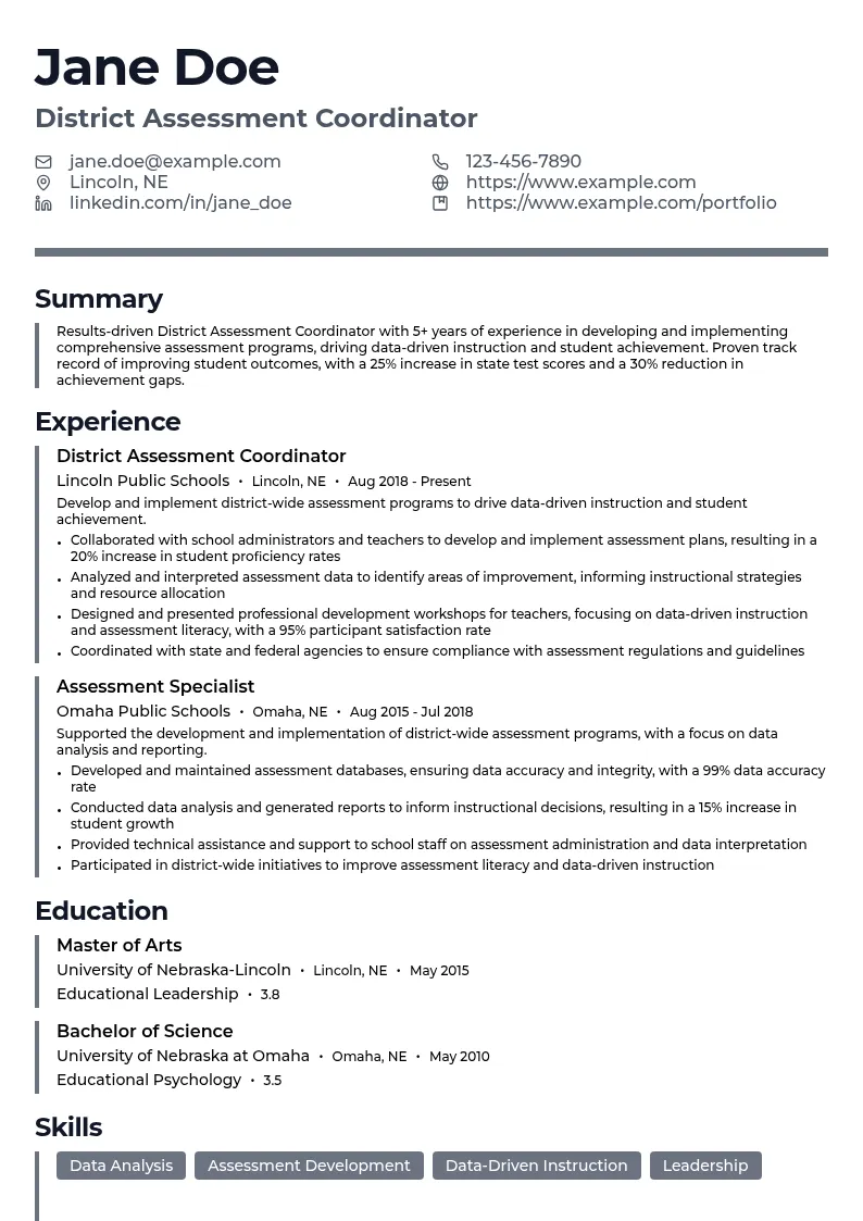 District Assessment Coordinator resume example