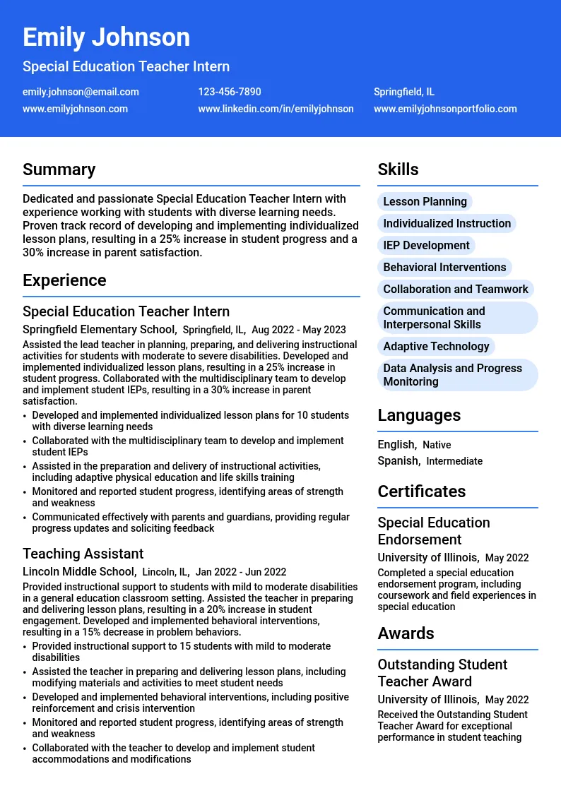 Special Education Teacher Intern resume example