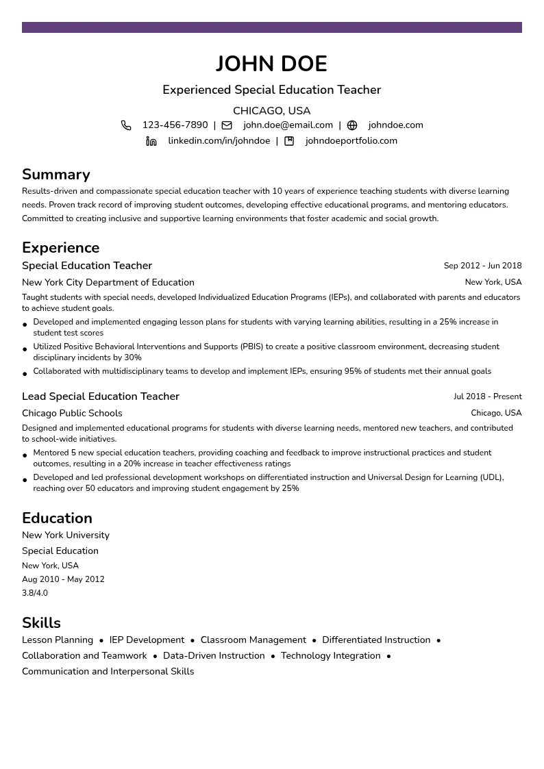 Experienced Special Education Teacher resume example