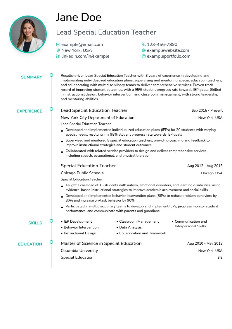 Lead Special Education Teacher resume example