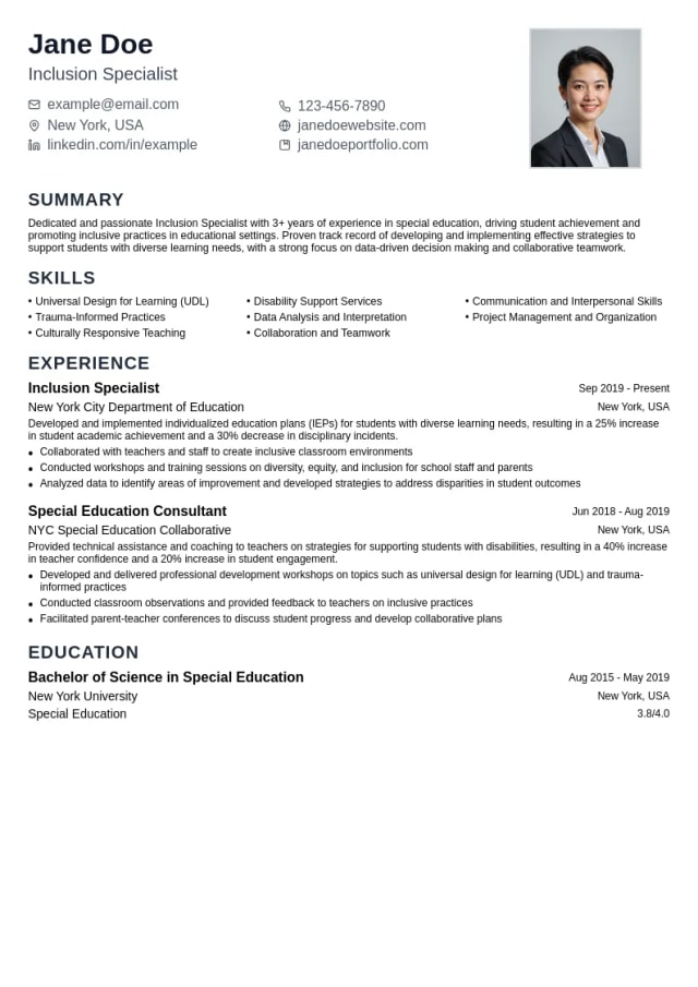 Inclusion Specialist resume example