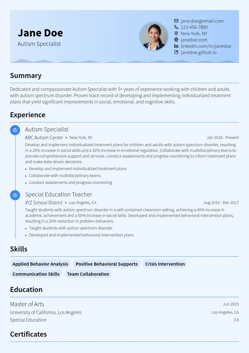 Autism Specialist resume example