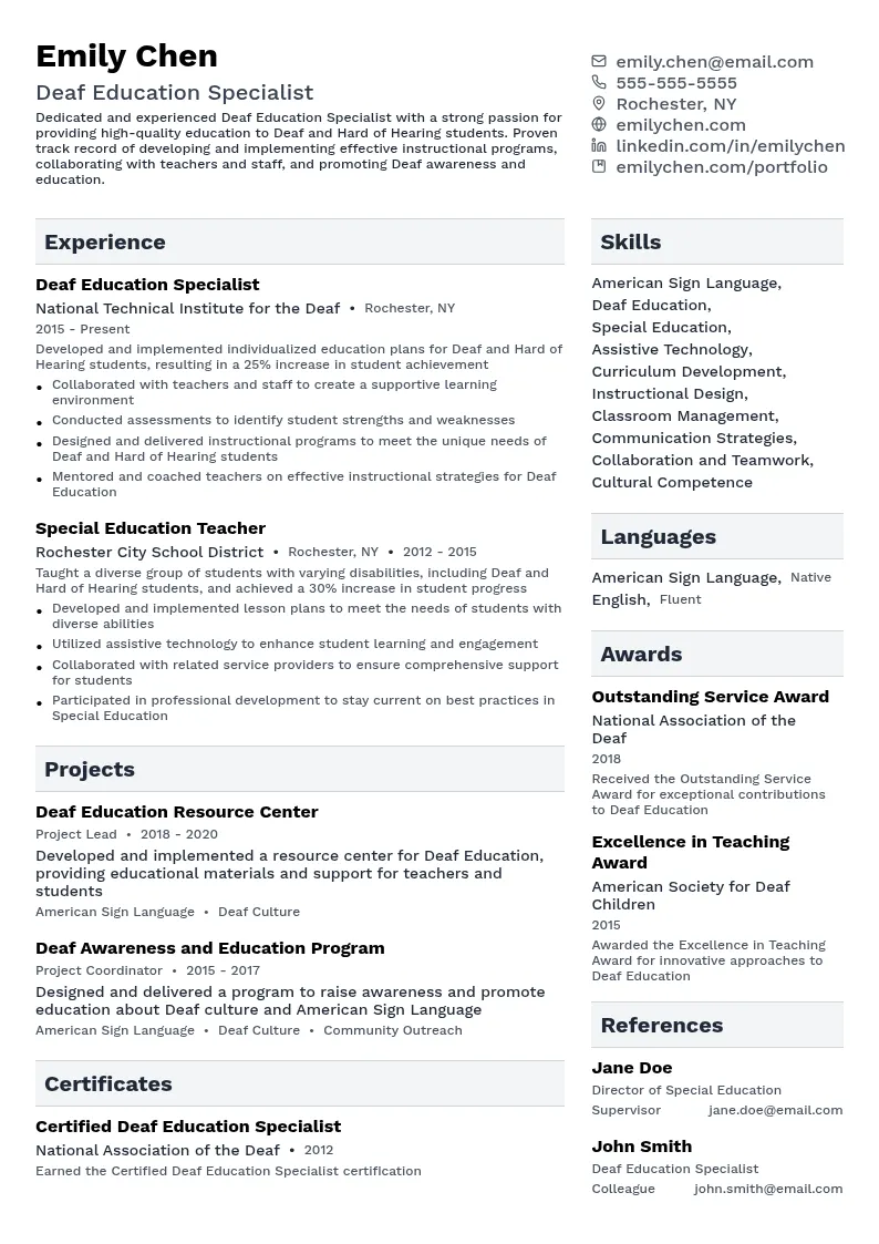 Deaf Education Specialist resume example