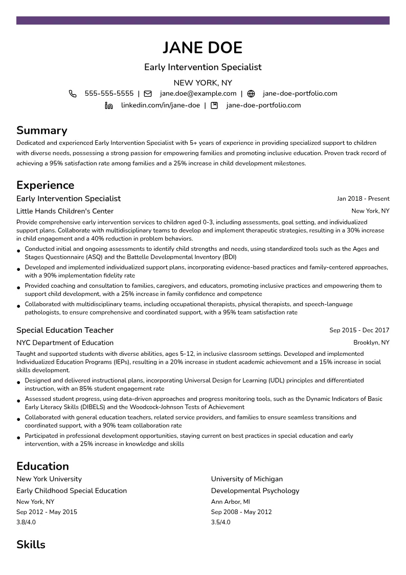 Early Intervention Specialist resume example