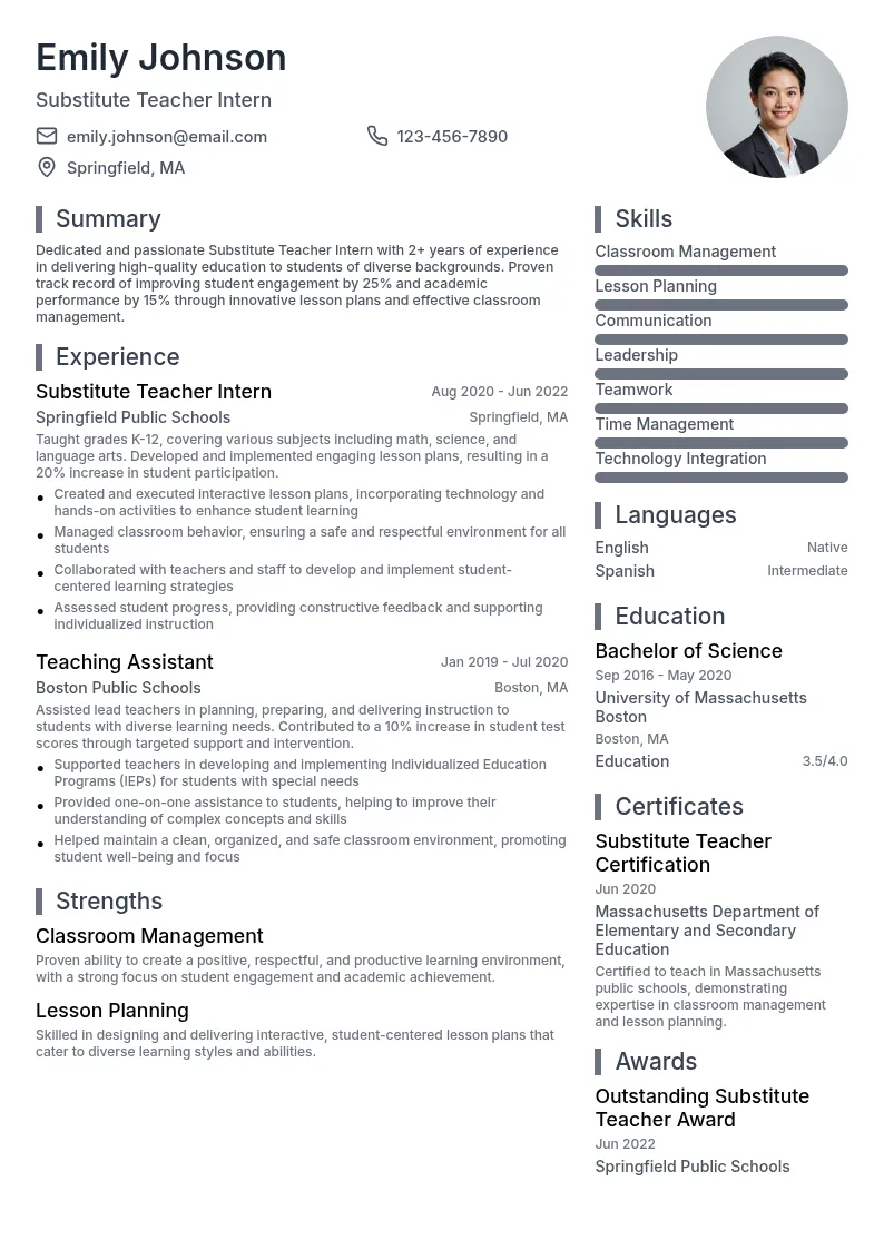 Substitute Teacher Intern resume example