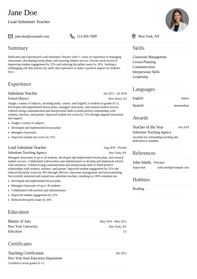 Lead Substitute Teacher resume example