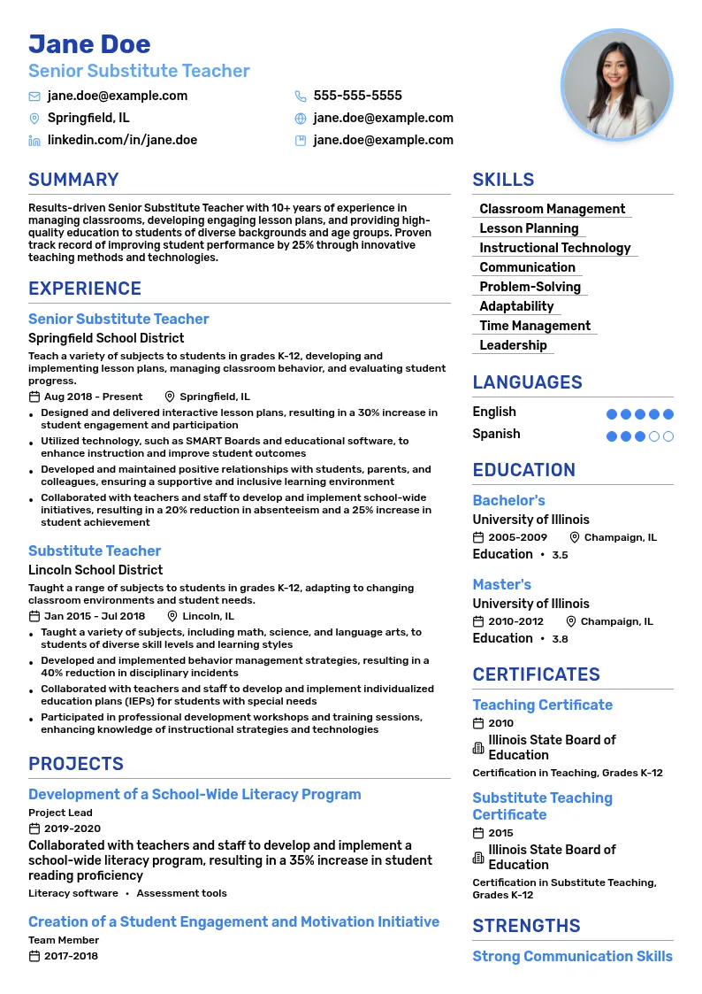 Senior Substitute Teacher resume example