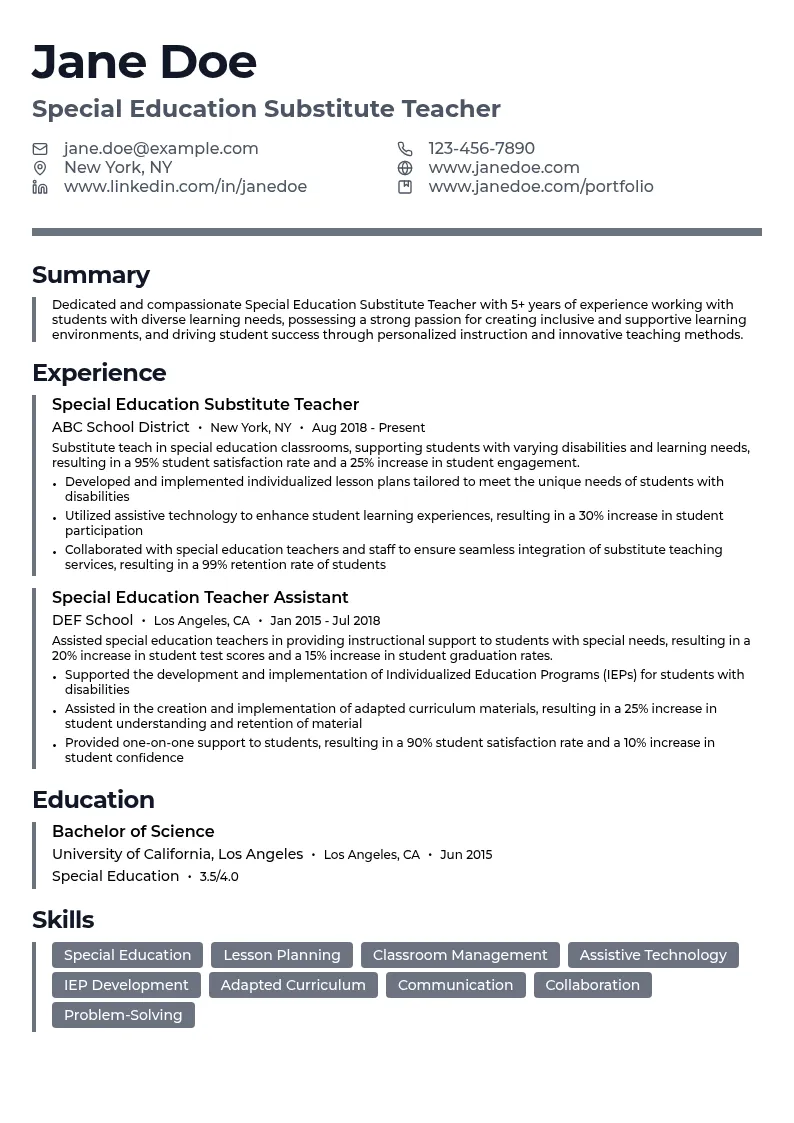Special Education Substitute Teacher resume example