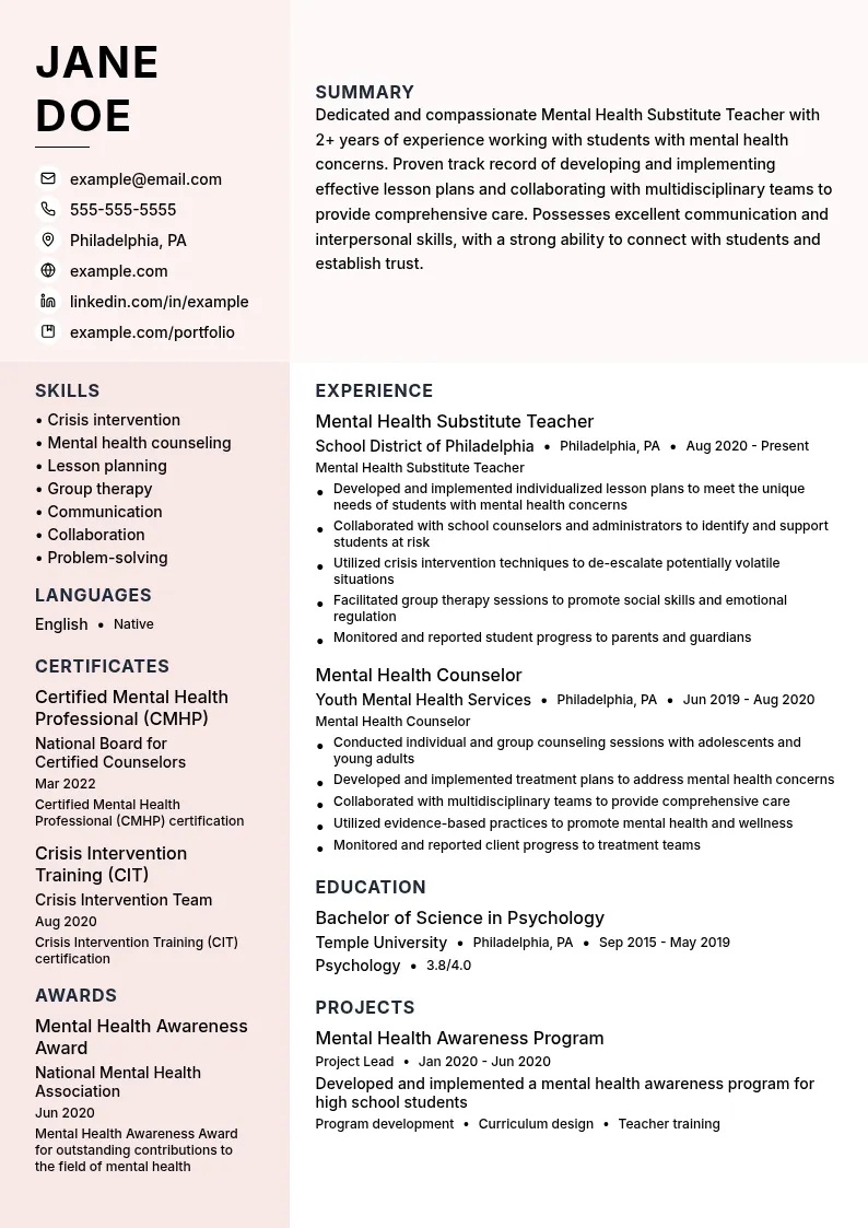 Mental Health Substitute Teacher resume example