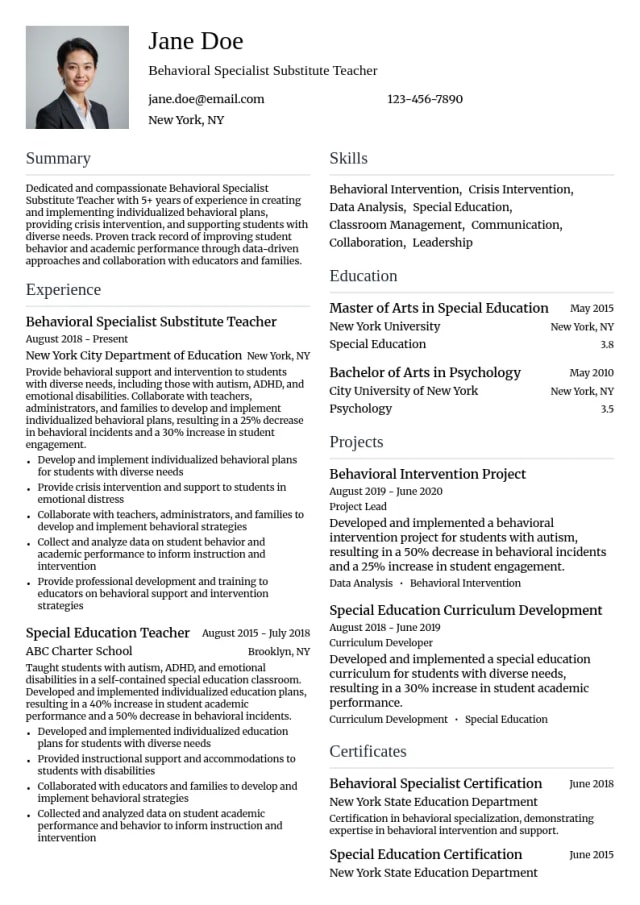Behavioral Specialist Substitute Teacher resume example