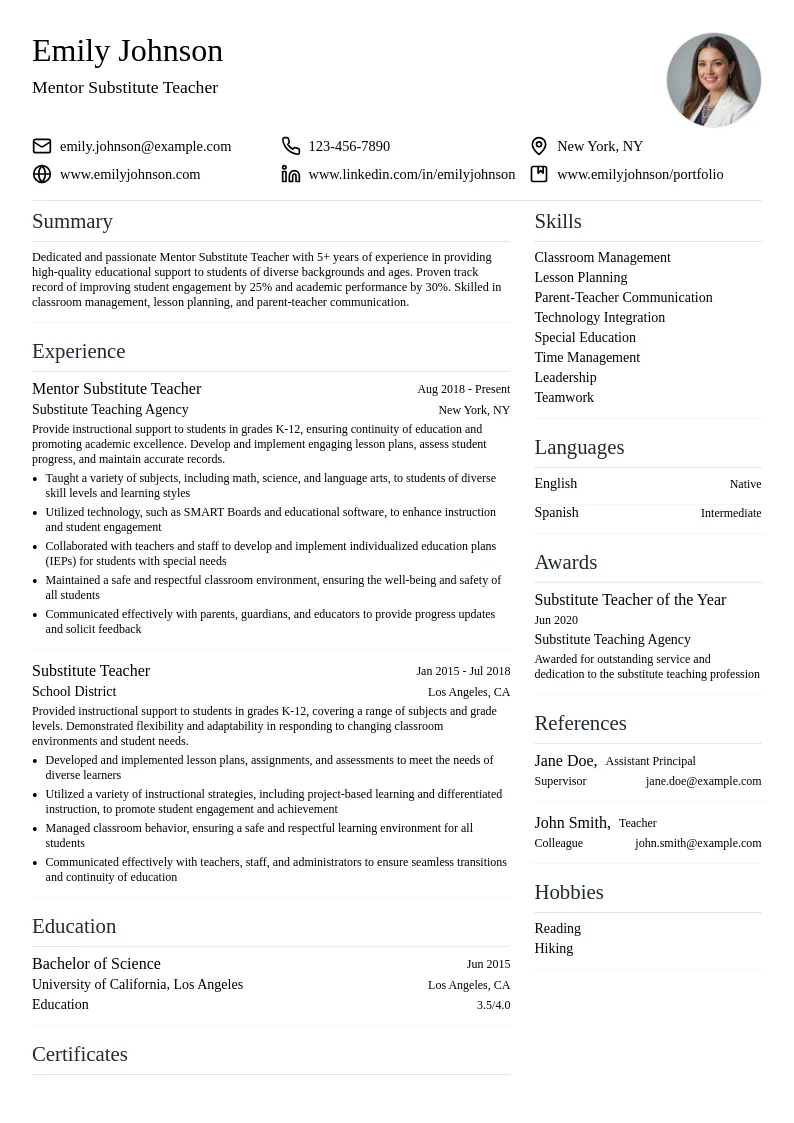 Mentor Substitute Teacher resume example
