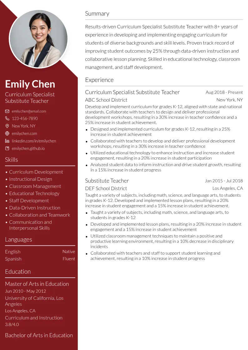 Curriculum Specialist Substitute Teacher resume example