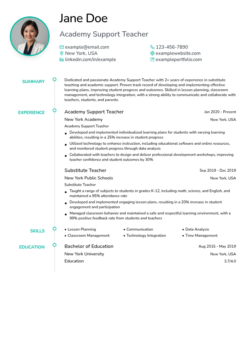 Academy Support Teacher resume example