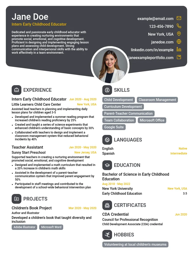Intern Early Childhood Educator resume example