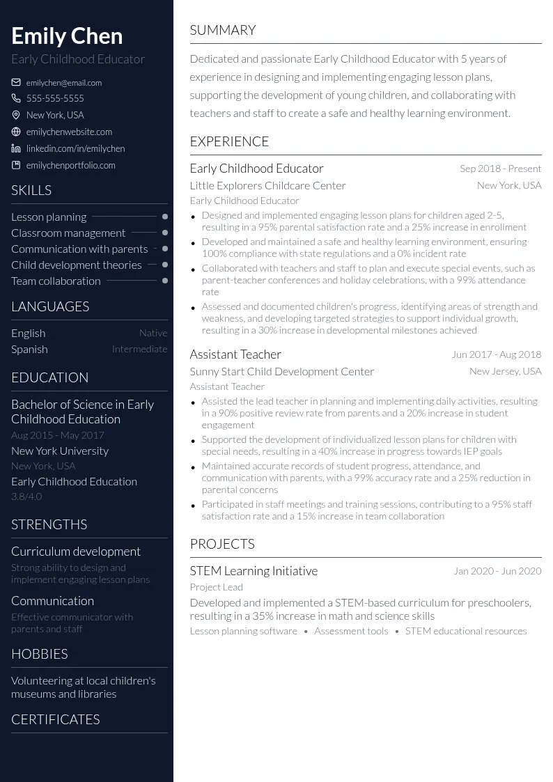 Early Childhood Educator resume example