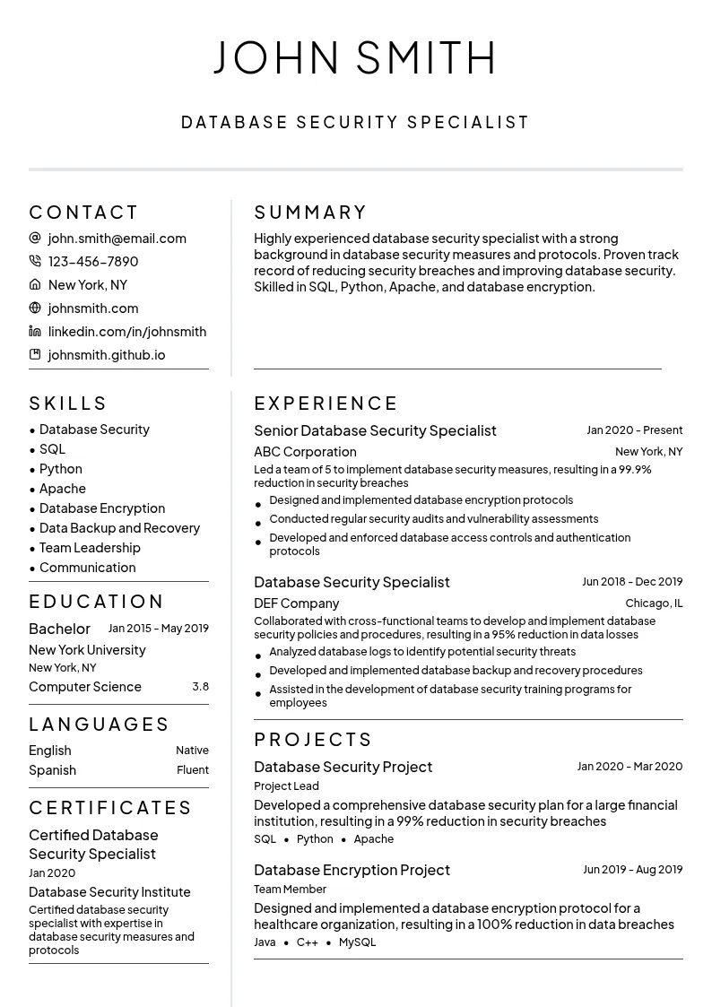 Database Security Specialist resume example
