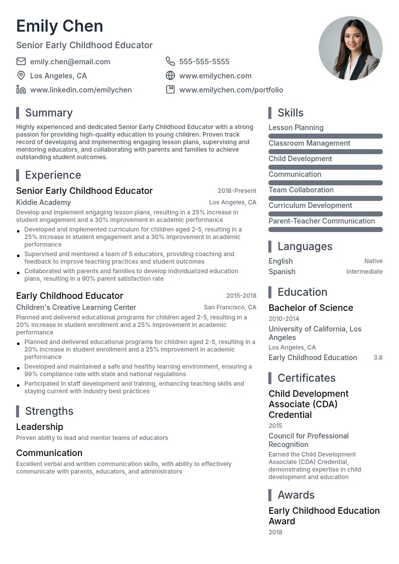 Senior Early Childhood Educator resume example
