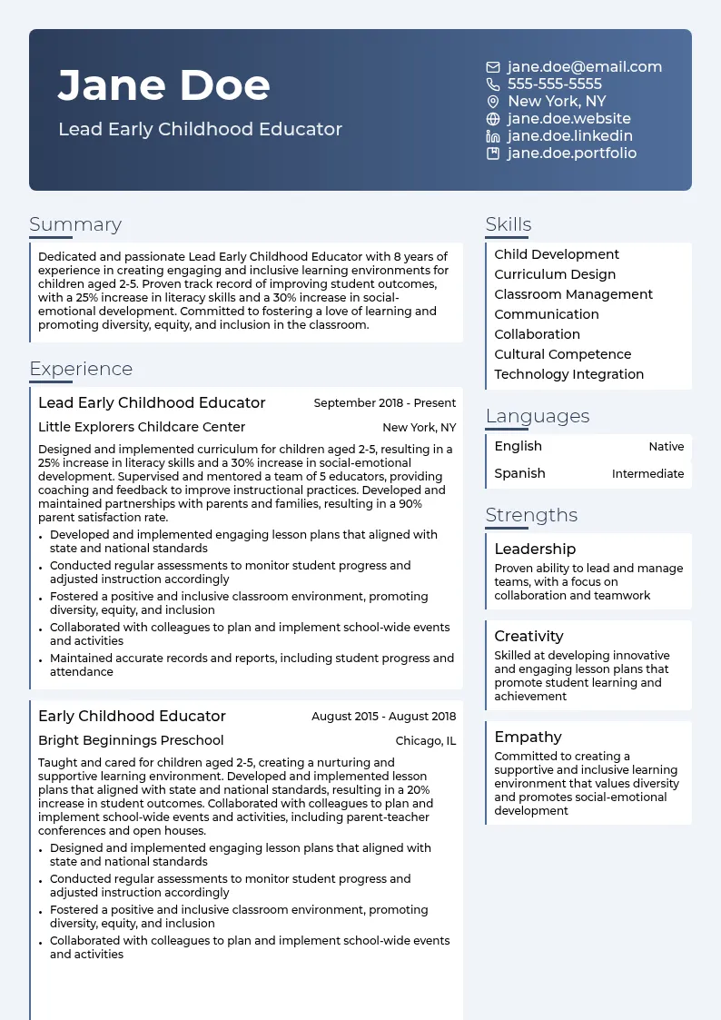 Lead Early Childhood Educator resume example