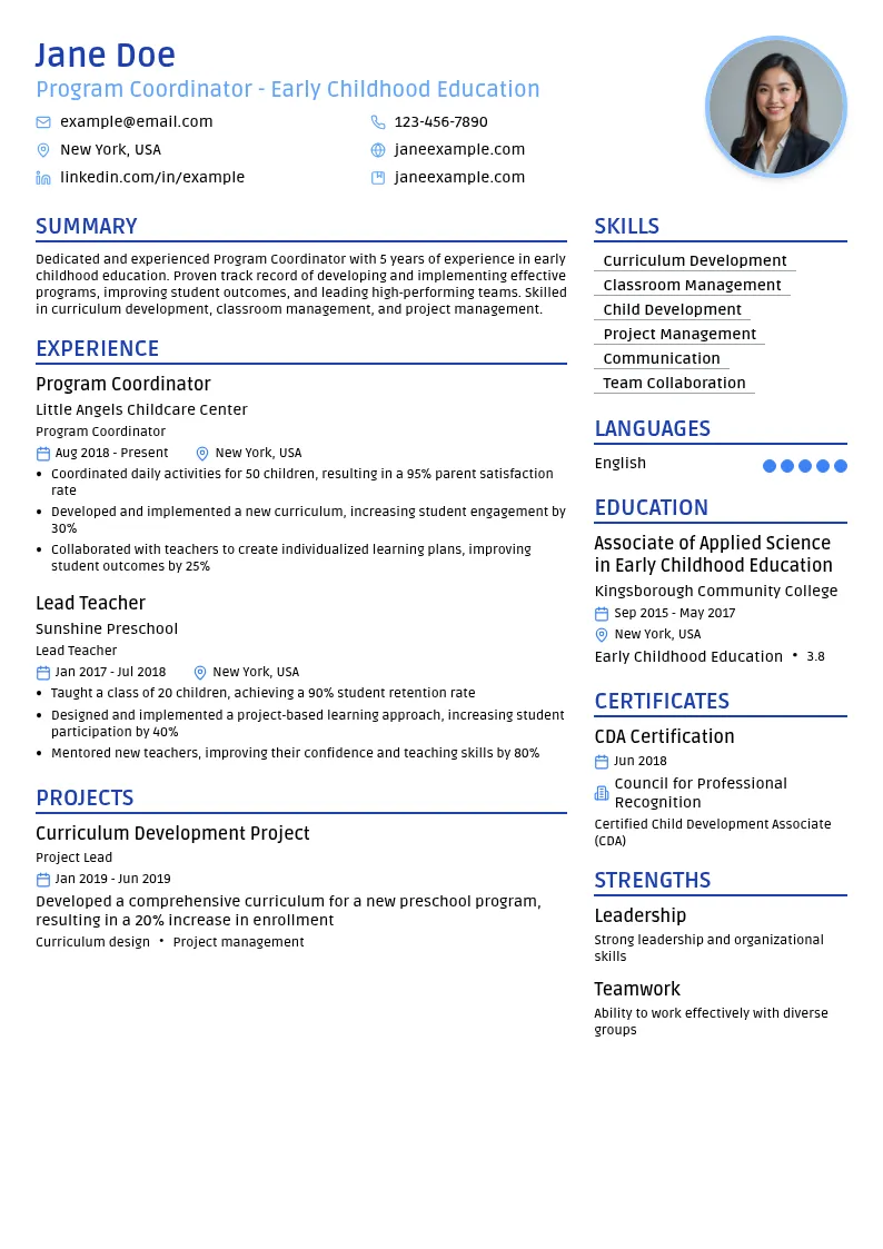 Program Coordinator - Early Childhood Education resume example