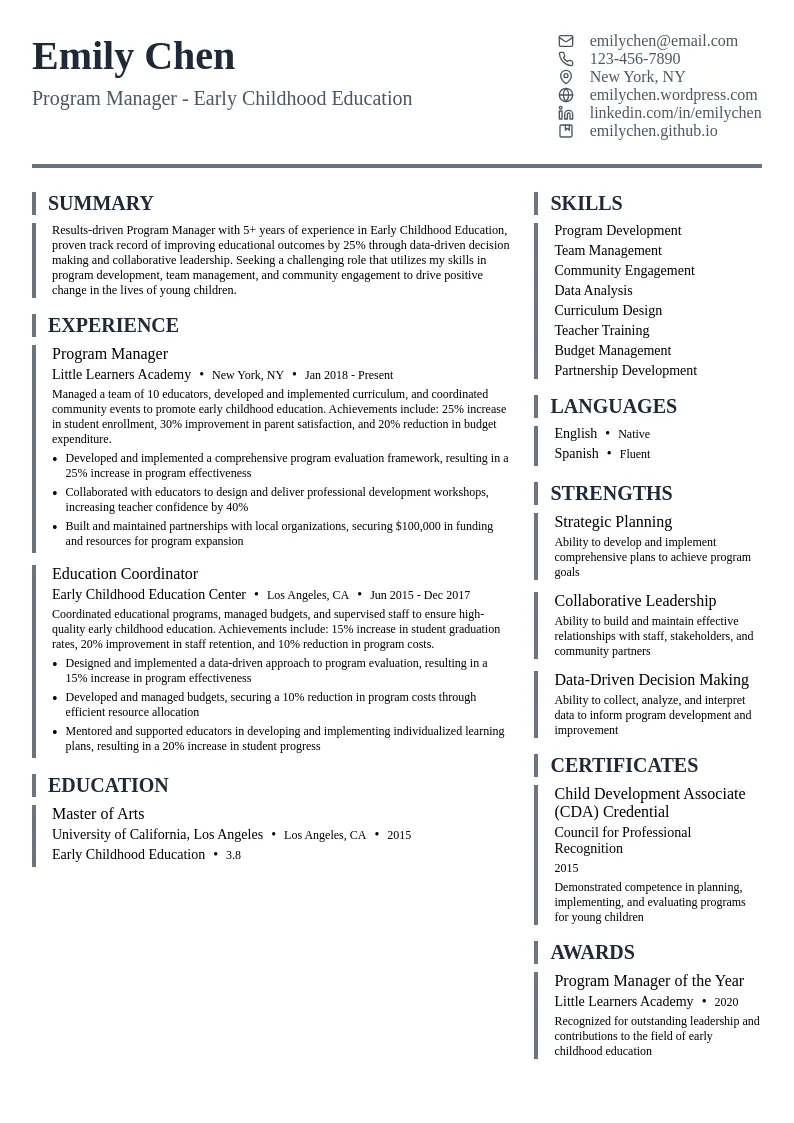 Program Manager - Early Childhood Education resume example