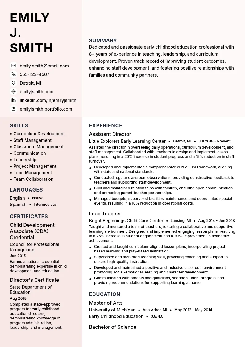 Assistant Director - Early Childhood Education resume example