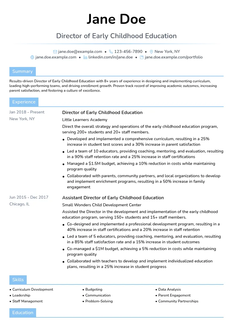 Director - Early Childhood Education resume example