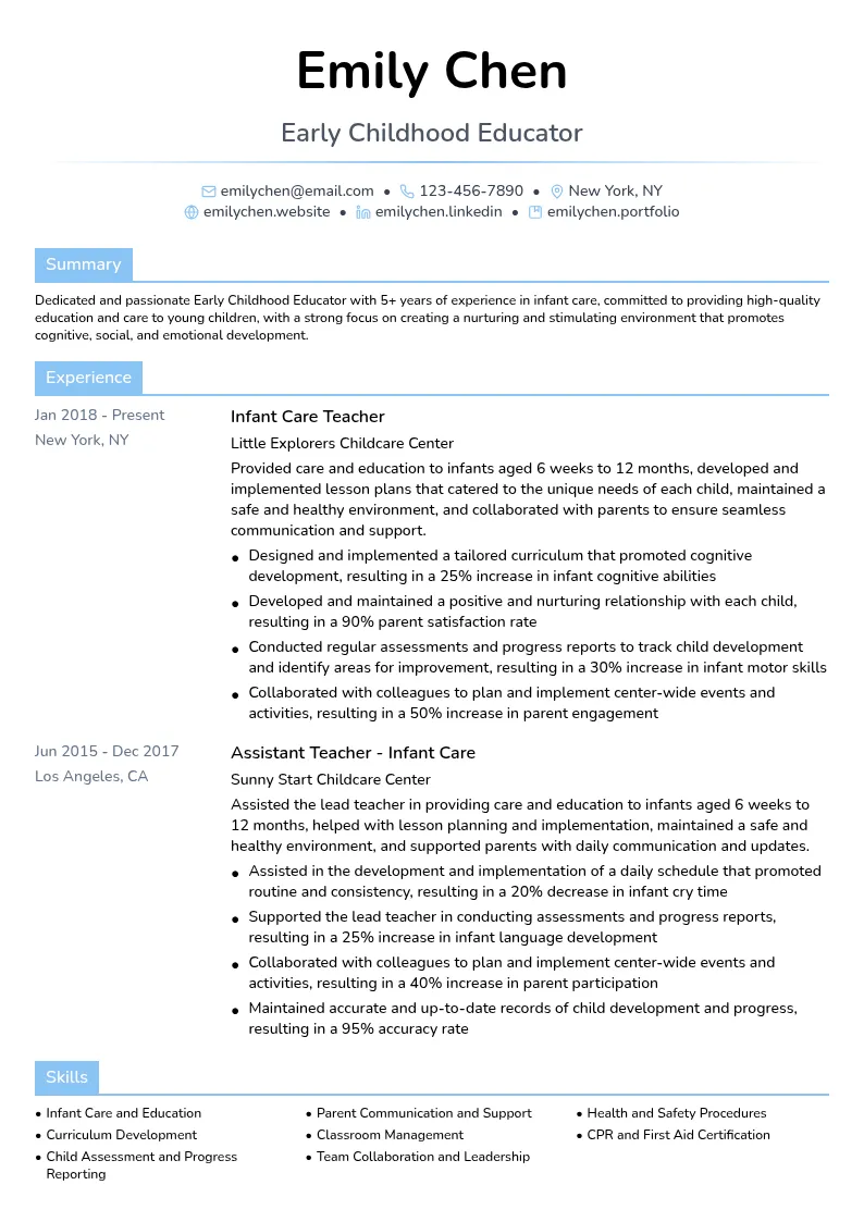 Early Childhood Educator - Infant Care resume example