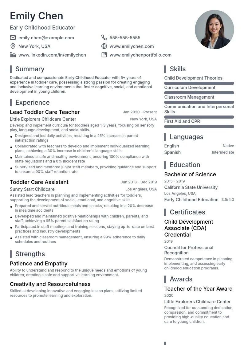 Early Childhood Educator - Toddler Care resume example