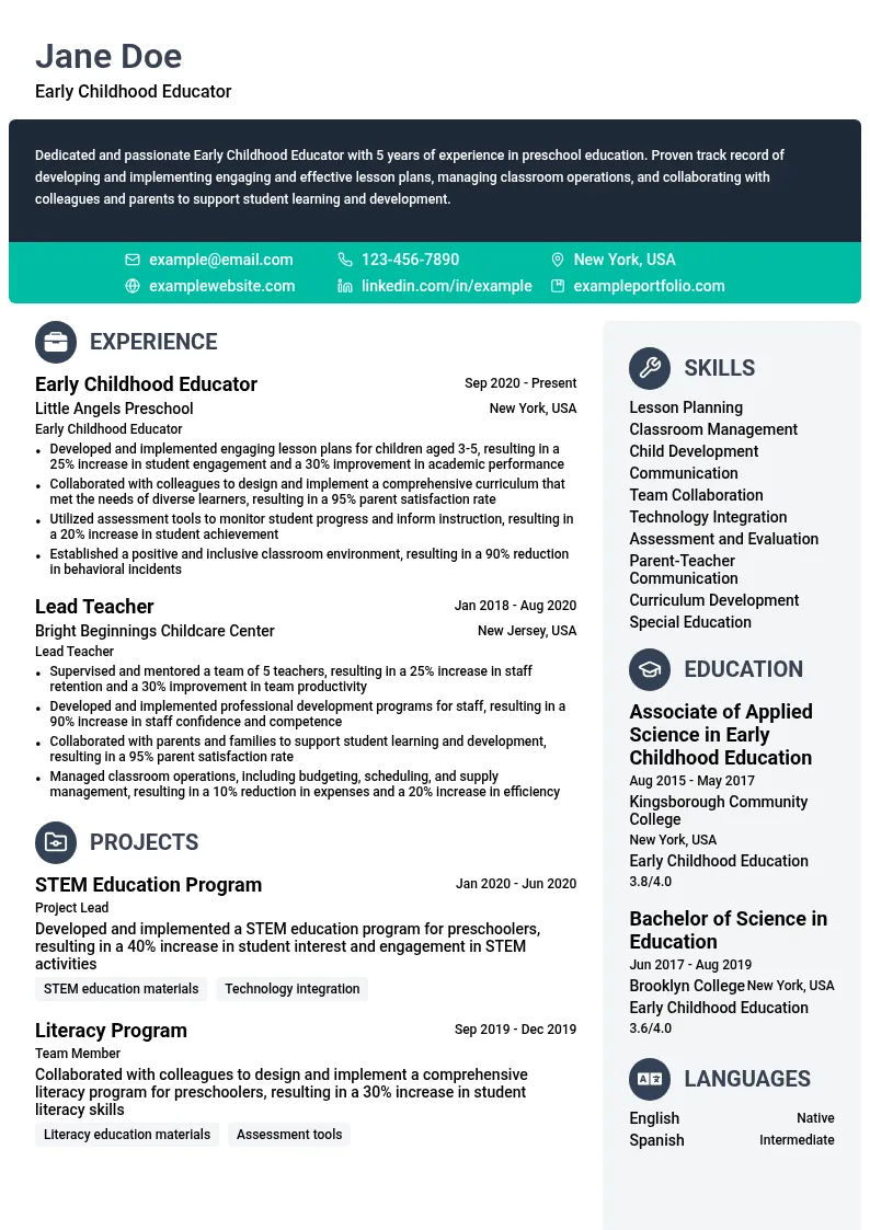 Early Childhood Educator - Preschool Education resume example