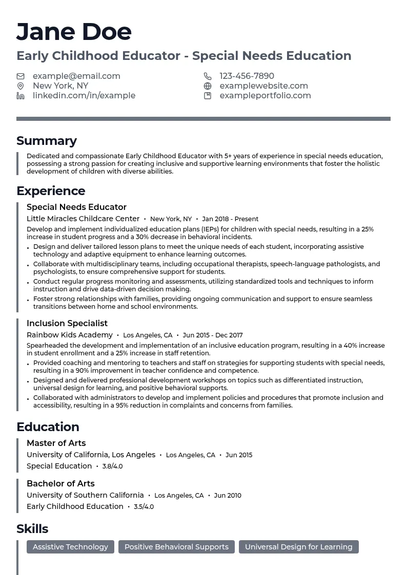 Early Childhood Educator - Special Needs Education resume example