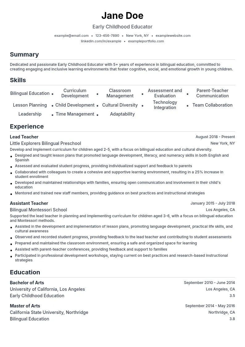 Early Childhood Educator - Bilingual Education resume example