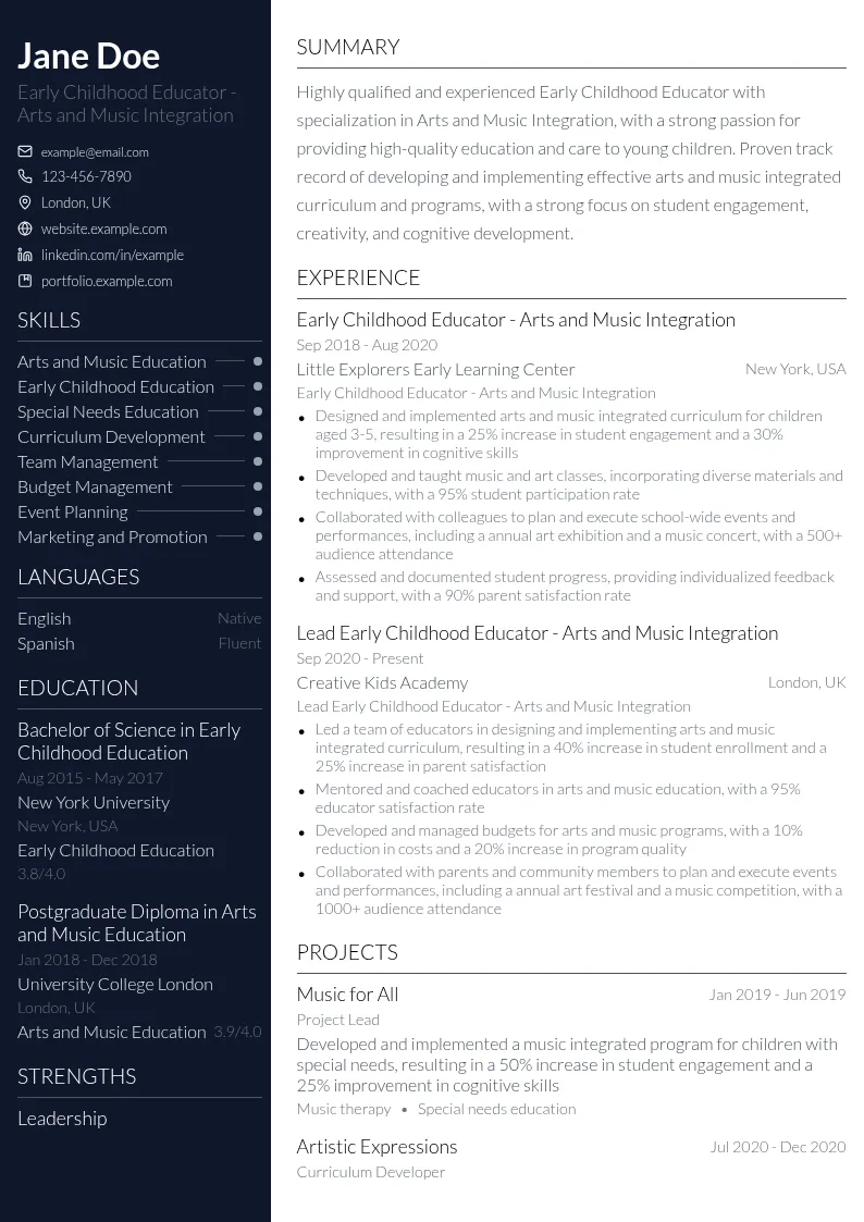 Early Childhood Educator - Arts and Music Integration resume example