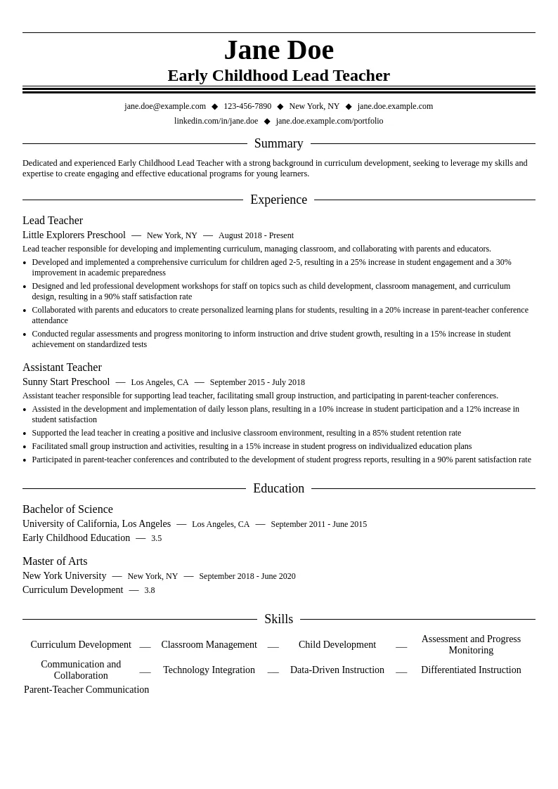 Early Childhood Lead Teacher - Curriculum Development resume example