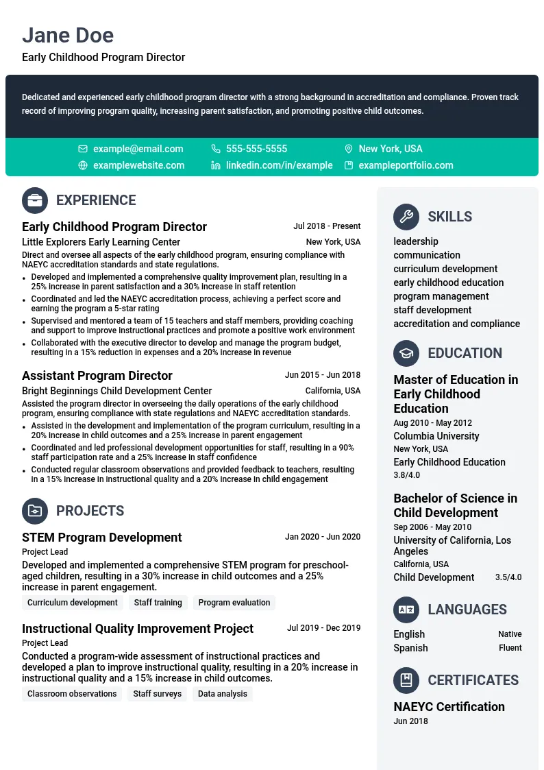 Early Childhood Program Director - Accreditation and Compliance resume example