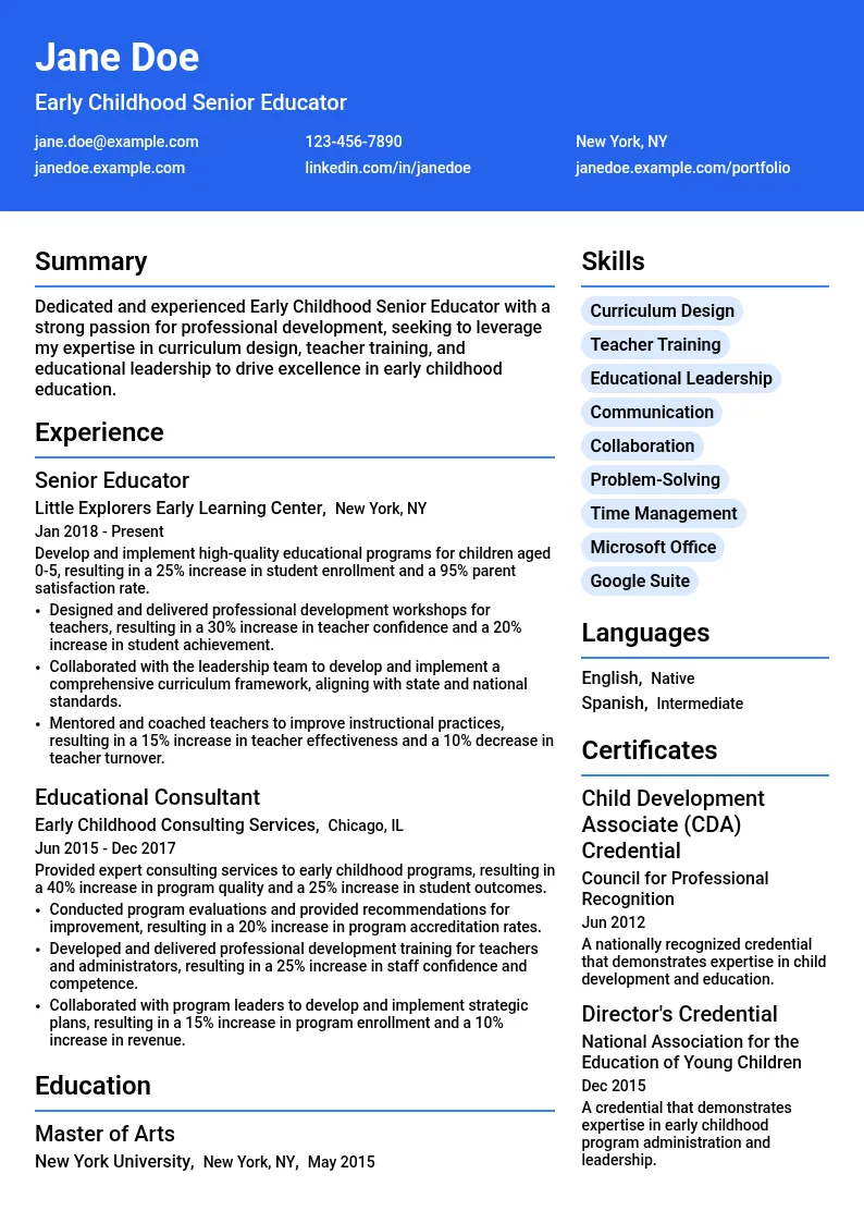 Early Childhood Senior Educator - Professional Development resume example